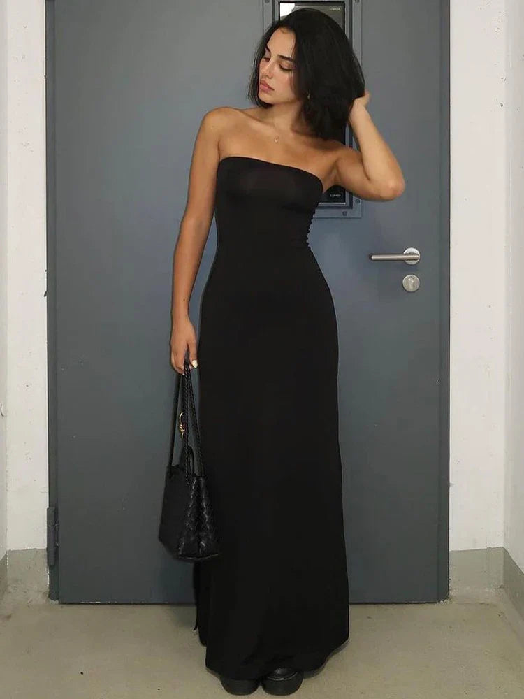 Hugcitar Black Strapless Long Sleeve Sexy Bodycon Maxi Prom Dress 2024 Fall Winter Elegant Women Outfit Evening Party Festival