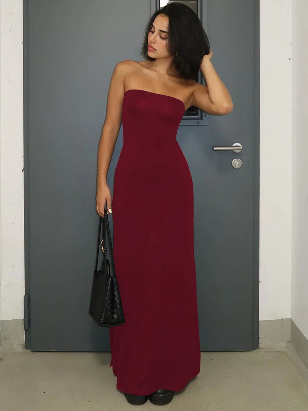 Hugcitar Black Strapless Long Sleeve Sexy Bodycon Maxi Prom Dress 2024 Fall Winter Elegant Women Outfit Evening Party Festival