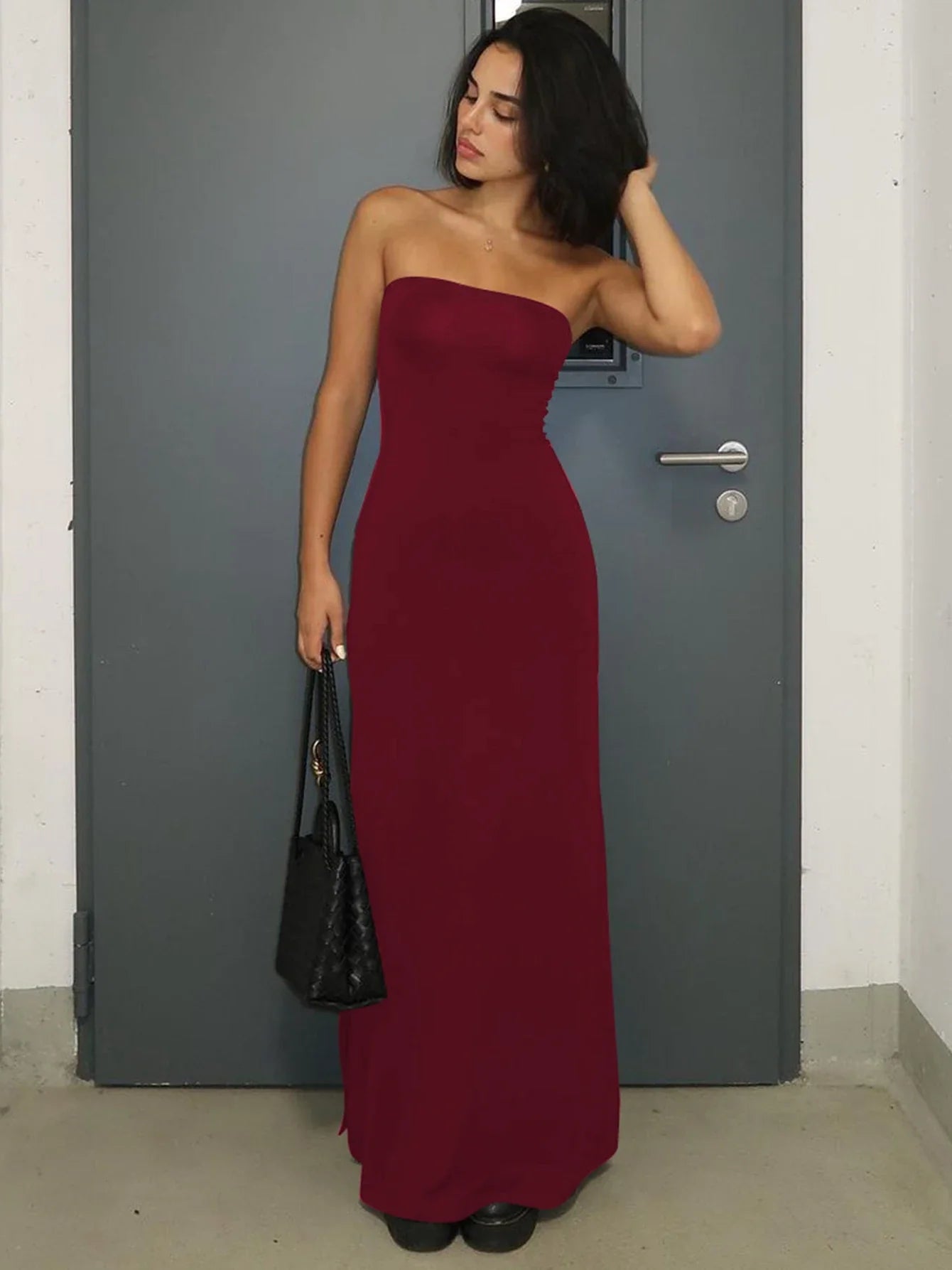 Hugcitar Black Strapless Long Sleeve Sexy Bodycon Maxi Prom Dress 2024 Fall Winter Elegant Women Outfit Evening Party Festival