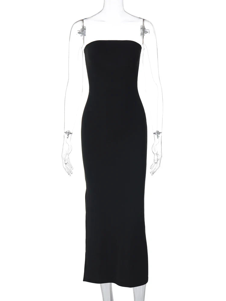 Hugcitar Black Strapless Long Sleeve Sexy Bodycon Maxi Prom Dress 2024 Fall Winter Elegant Women Outfit Evening Party Festival